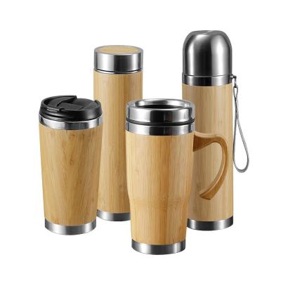 China Sustainable Custom bamboo double wall stainless steel 304 coffee mug cup vacuum thermos bamboo water bottle for sale