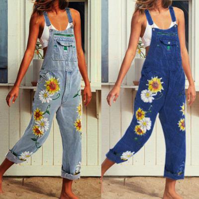 China 2022Fashion summer women jeans overalls breathable high waist high waist ripped embroidery print denim jumpsuits for sale