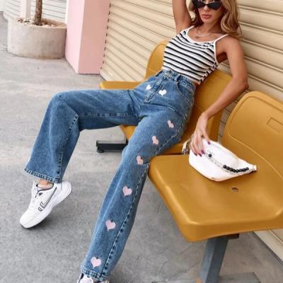 China 2022 QUICK DRY high waisted heart print young girls jeans vintage denim pants women's casual straight pants long jeans for sale