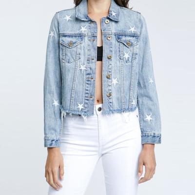 China Classic Fit Women's Star Crop Denim Distressed Denim Jacket Embroidery Windproof for sale