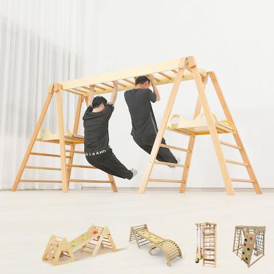 China Small Slide Frame Climbing Wooden Kids Modern Indoor Preschool Equipment Swing Combination Kids Wooden Gym Toy for sale