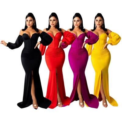 China 2021 Latest Breathable Design Breathable Sleeve Women Evening Dress Lady Elegant Deep Sexy V-Neckline Dresses For Women Party Long Slit Dress for sale