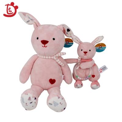 China Plush Toy Best 2 Piece Costume Design New Selling Big Ear Rabbit Toy Cute Stuffed Pink Bunny With Rabbit Rattle Toy Set for sale