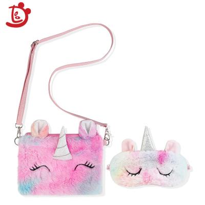 China Cute Fashion Kids Shoulder Sling Unicorn Bag Plush Carton Mini Cross Body Kids Bags With Plush Eye Mask for sale