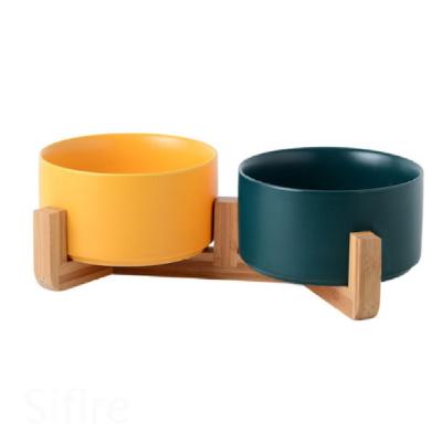 China Automatic Hot Sell Wooden Stand Dog Cat Bowl Durable Ceramic Food Round Ceramic Round Water Dish For Pet for sale