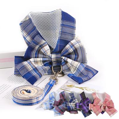 China Breathable Checked Quick Release Bowknot Dog Harness Clothes Harness Leash Vest For Dogs Puppy Dog for sale