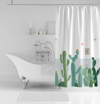 China Tropical Bathroom Cactus Fabric Stocked Decorative Digital Printed Shower Curtain for sale