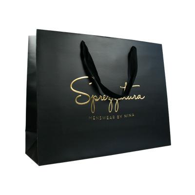 China Recyclable Wholesale Custom Printed Black Luxury Shopping Paper Gift Bag With Handle for sale