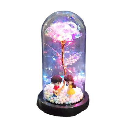 China Valentine's Day Gift LED Rose Lamps Gold Foil Rose Flower Glass Cover Flower Glass Dome Eternal Rose Lamps for sale