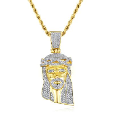 China Religious Hiphop Jesus Face Pendant Necklace Free Rope Chain Iced Out Cubic Zircon Charm Men's Muslim Hip Hop Necklaces for sale