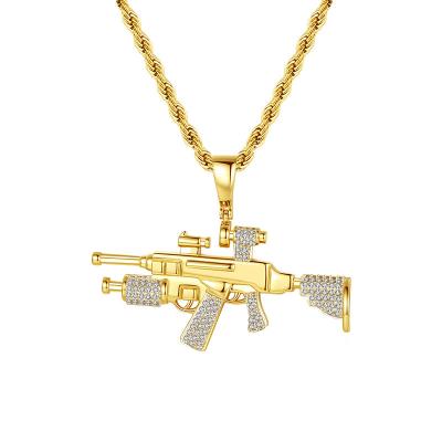 China Fashion TRENDY Mens Hip Hop Hip Hop Necklace Plated With 18K Gold Machine Gun Pendant Brass Set With Zircon US Party Gift for sale