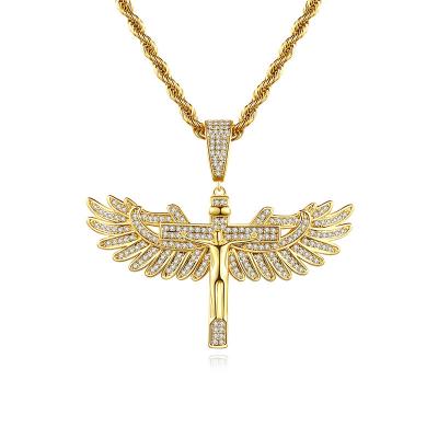 China 18K Gold Religious Style Pendant Necklace Hiphop Hiphop Fashion Jewelry Angel Christ Jesus Brass Cross Zirconia Party Gift for sale