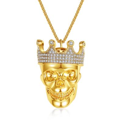 China Fashion Notable Hiphop Hip Hop Crown Skull Street Zirconia Especially Rock 18K Gold Men's Necklace Hitter Brass Set Birthday Gift for sale