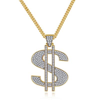 China TRENDY Hip Hop Punk Jewelry Large US Dollar Sign Money Pendant With CZ Stone Necklace For Women Men for sale