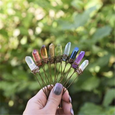 China Vintage Rose Gold Silvery Bronze Copper Wire Wrapped Natural Pink Color Quartz Crystal Point Beads Hair Forks Women Hair Pins Jewelry for sale