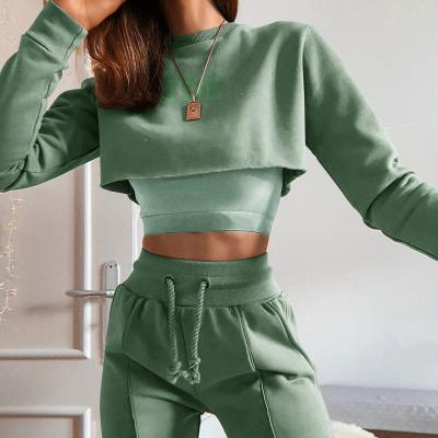 China Wholesale Custom Logo Jogger Workout Sexy Anti-Wrinkle Crop Top Pants Sports Two Piece Suit 3 Piece Sweatsuit Set Tracksuit Clothes Women for sale