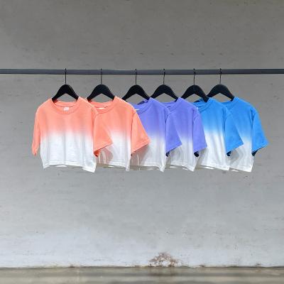 China 2022 New Arrival Anti-Wrinkle Cotton Crop Top Custom Dip Dye T-shirt Fabric 220Gsm Washed Women for sale