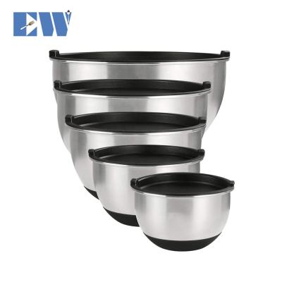 China Disposable Stainless Steel 5 Mixing Bowl Household Set With Non-slip Silicone Base And Cover for sale