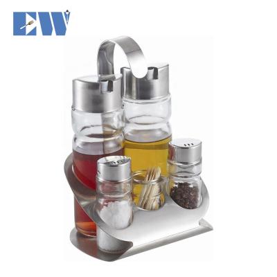 China Viable Glass 5pcs Condiment Set Set With Back Napkin Holder For Oil/Vinegar/Salt/Sugar/Pepper/Toothpick for sale