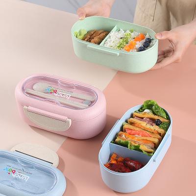 China Freshness Preservation IKITCHEN Wheat Straw LeakProof Layer Container Food Bento Kids Student Lunch Box Plastic Bag with Spoon and Fork for sale