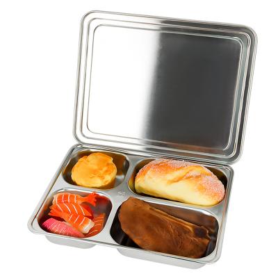 China IKITCHEN Restaurants Dish Lunch Buffet Dishes Container Box Stainless Steel Fast Food Lunch Tray Sustainable Tableware 4 Compartment Dish for sale