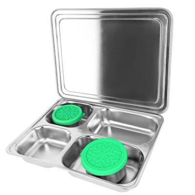 China IKITCHEN Viable 304 Food Grade Food Grade Container Canteen Serving Tray Round Lid 4/5 Compartment Stainless Steel Divided Dinner Tray for sale