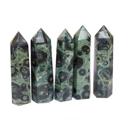 China Europe Hand Carved Natural Green Peacock Kambaba Jasper Crystal Tower for sale