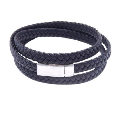 China CLASSIC Matte Blue Braided Leather Bracelets For Men , Two Wrap Leather Bracelets With Magnetic Fashion Clasp for sale