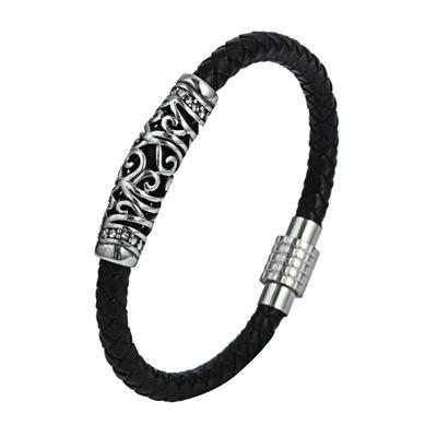 China CLASSIC online store hot sale black genuine leather bracelets with steel time silver tubes wholesale for sale