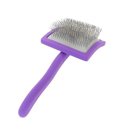 China Stocked Comb Stainless Steel Pin Dog Slicker Brush Cat Pet Grip Coating Curved Groom Long Wooden Grooming Tool for sale