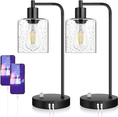 China Fully Stepless Dimmable Modern Industrial Table Lamps with 2 USB Ports and AC Outlet Bedside Nightstand Desk Lamps with Seeded Glass for sale