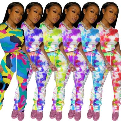 China Viable 6 Color Printed Camouflage T-shirt Drawstring Pencil Pants For Women Sports Casual Two Piece Set for sale