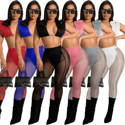 China Breathable Drop Shipping Mesh Top And See Through Sexy Leggings Set Women Summer Patchwork 2 Piece Panty Sets for sale