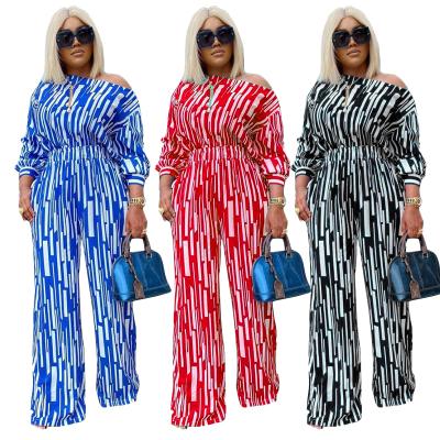 China Wholesale Plus Size Autumn Ladies Large 2 Piece Suits Stripe Print Casual Loose Long Sleeve Diagonal Shoulder Plus Size Sets For Women for sale