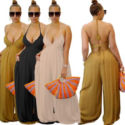 China Sustainable Drop Shipping Sexy Deep V Bandage Fold Over Top Loose Wide Leg Pants For Women Plus Size Jumpsuit for sale