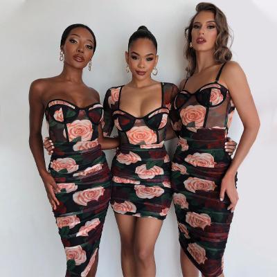 China 2022 Summer Sexy Dress Smocked Print Breathable Mesh Strapless Off Shoulder Floral Bodycon Slim Dresses for sale