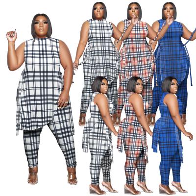 China Wholesale Viable Casual Plus Size Plaid Print Top And Pencil Pants For Women Loose Two Piece Set for sale