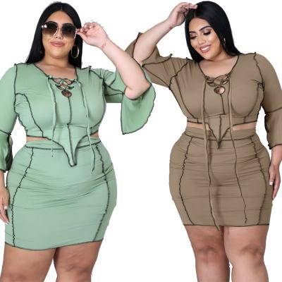 China New Arrivals Bandage Crop Top Breathable 2 Piece Midi Skirt Solid Sets Fashion XL-5XL Plus Size Women Clothing Designer Ladies Skirt Suits for sale