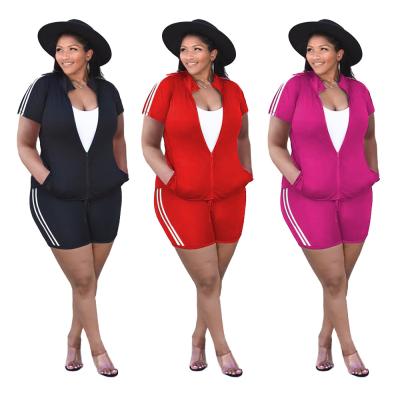 China Viable hot sale plus size lapel zipper jacket and tight shorts for women sportswear two piece set for sale