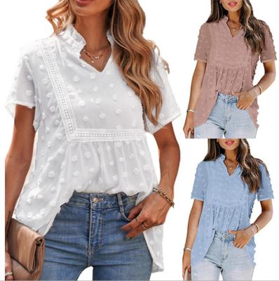 China Hot Sale Women Clothing Summer V-Neck Chiffon Jacquard Blouse Stand Anti-Shrink Solid Collar Short Sleeve T-shirt Blouse Tops for sale