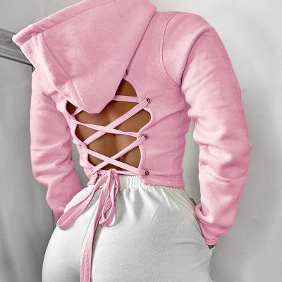 China Wholesale Solid Long Sleeve Oversized Hoodie Anti-wrinkle Fashion Streetwear Casual Back Lace Up Crop Top Hoodie Woman Crop Top Hoodie for sale