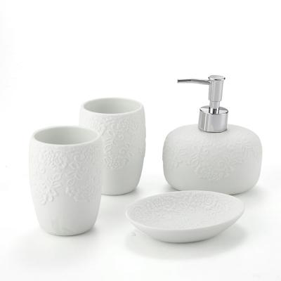 China Ceramic Bathroom Set 4 Piece Toothcup Soap Dish Dispenser White Sustainable Modern Soap Accessory for sale