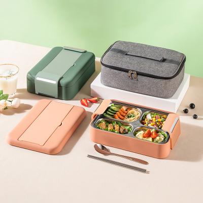 China Sustainable 304 Stainless Steel Thermal Lunch Box With 4 Compartments Plastic Food Container Bento Box Insulated Lunch Box For Students for sale