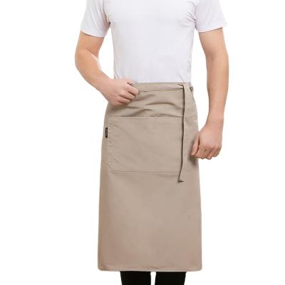 China Hot Selling Khaki Custom Logo Embroidery Kitchen Apron Kitchen Bar Waiter Khaki Half Waist Apron Washable for sale