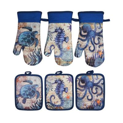 China Kitchen Microwave Oven Glove Pot Holder Set Silicone Durable Eco-friendly Print Custom Design With Cotton Lining Oven Gloves for sale