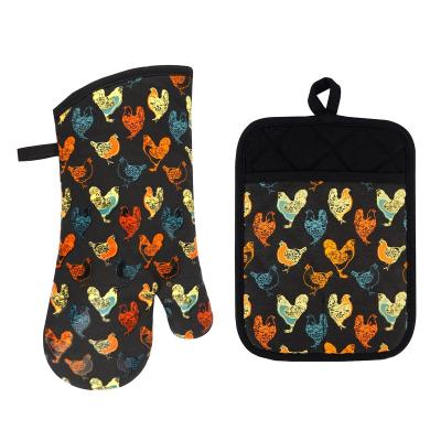 China Eco-Friendly Silicone Oven Mitts And Pot Holders Set 500 F Heat Resistant Oven Mitt For Kitchen Silicone Printed Rooster Pattern for sale