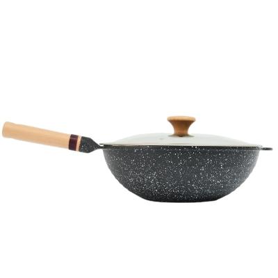 China Non Sustainable Supplier Professional Porcelain Handle Wok Stick 32cm Wood Cast Iron Cooking Wok Pan for sale