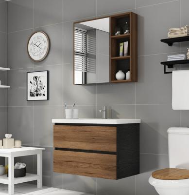 China Modern hot sale advanced paintless melamine veneer freestanding wood vein wall mounted bathroom furniture for sale