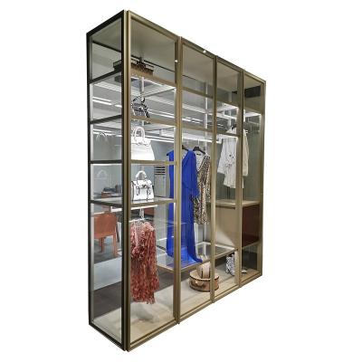 China Customized High Modern Super Metal Frame Wardrobe Cabinet Transparent Glass Bedroom Furniture for sale