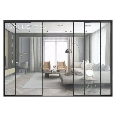 China Modern Aluminum Artificial Leather Metal Frame Swing Tempered Glass Wardrobe Door Bedroom Closet Door Designs for sale